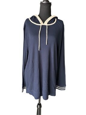 Chico's Navy Blue Hooded Top with Cream Trim